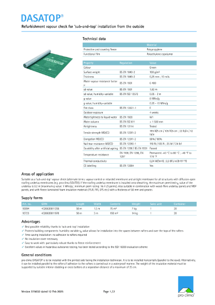 Pro Clima Dasatop Technical Datasheet