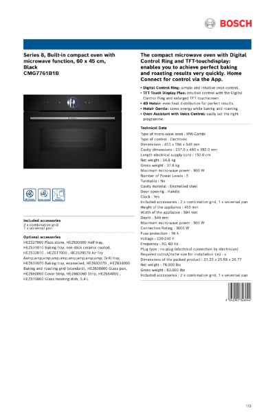 Series 8, Built-in compact oven with
microwave function, 60 x 45 cm,
Black
CMG7761B1B