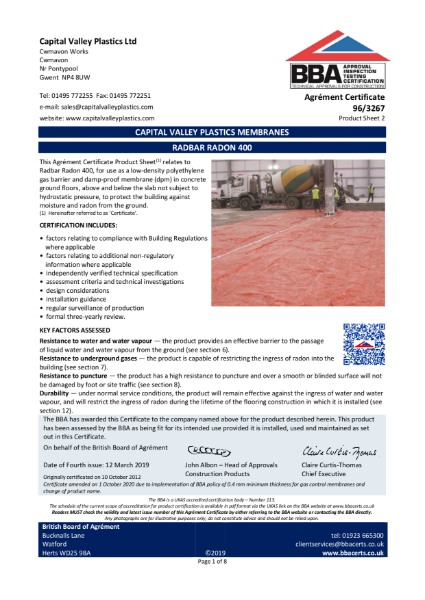 RADBAR Radon 400 membrane BBA Certificate