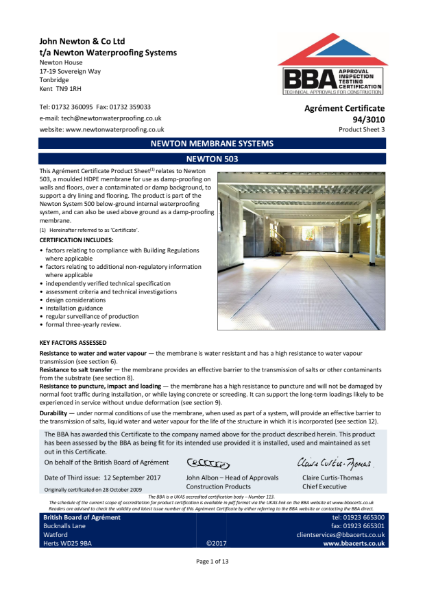 Newton CDM 503 - Agrement Certificate 22/6357 Product Sheet 1