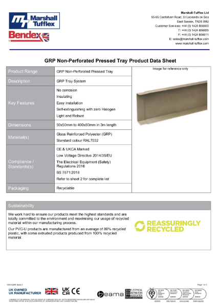 GRP Non Perforated Tray Product Data Sheet
