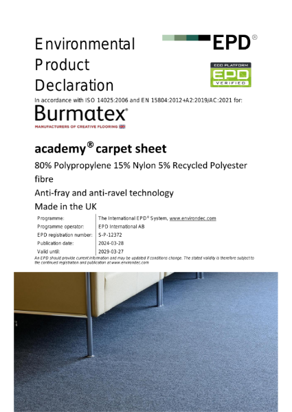 EPD certificate for academy® carpet sheet