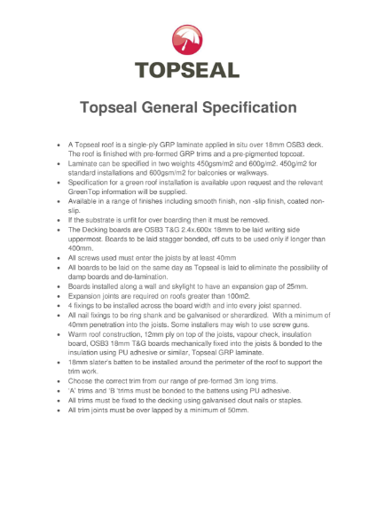 General Specification - Topseal (GRP) Fibreglass Flat Roofing Systems