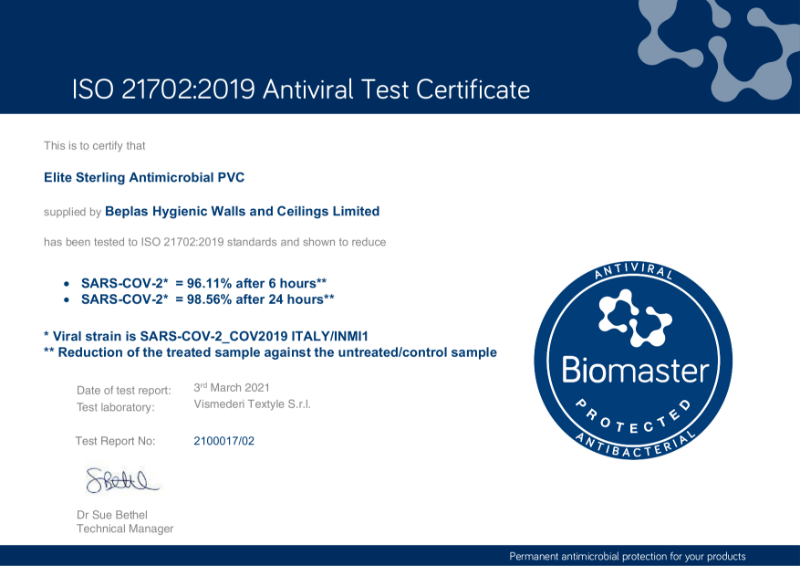 Addmaster Test Cert (Antiviral) ISO21702 - SARS-COV-2 - Beplas Hygienic Walls and Ceilings Limited