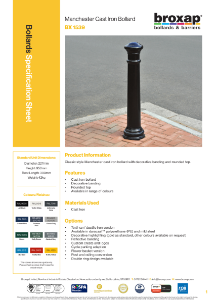 Cast Iron Manchester Bollard Specification Sheet