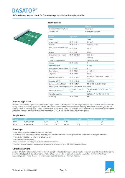 Pro Clima Dasatop Technical Datasheet