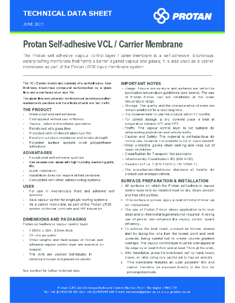 Protan (UK) Ltd Self-Adhesive VCL.Carrier Technical Data Sheet