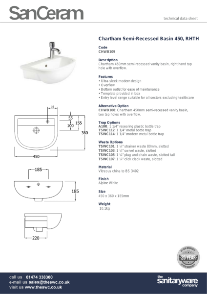 Chartham 450 mm semi-recessed basin, with overflow RHTH CHWB109