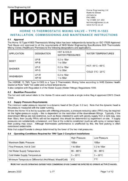 Instructions - Horne 15 Thermostatic Mixing Valve