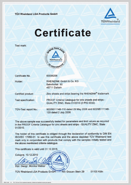 TUV Quality Zinc Certificate