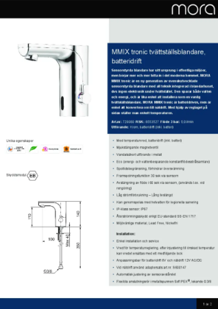 MMIX Tronic Tvättställsblandare, Batteridrift Produktblad