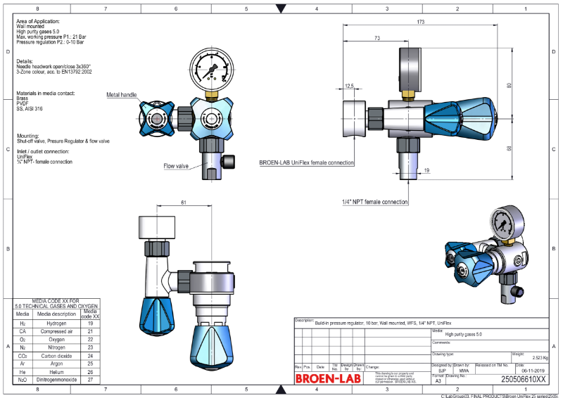 Wall mounted pure gas tap for exposed piping. With isolation, regulator and flow valve TDS