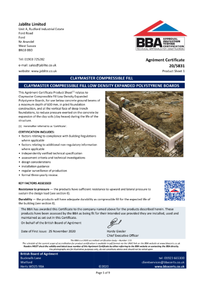 BBA Certificate - Claymaster Compressible Fill