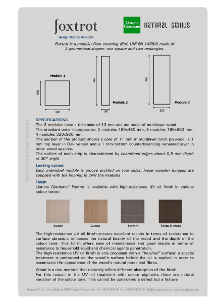 NATURAL GENIUS COLLECTION: Foxtrot Technical Sheet