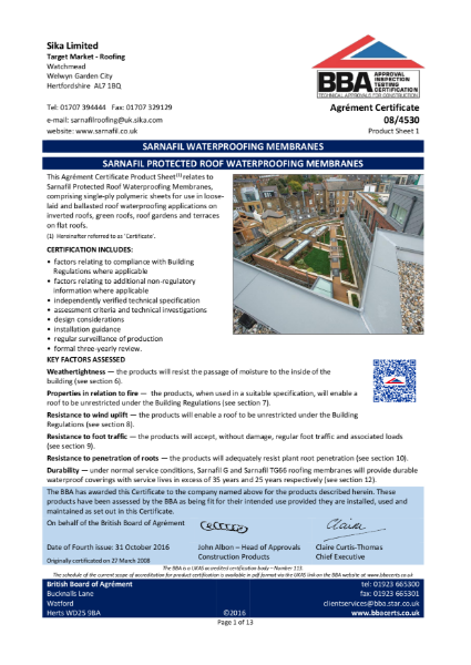 Sarnafil BBA Protected Roof Systems - 08/4530 (G/TG/AT)