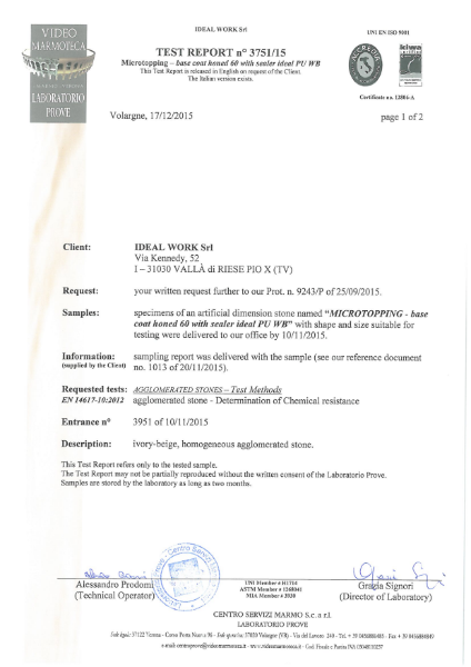 Test Report Chemical Resistance: Microtopping® Base Coat Honed 60 with Sealer Ideal PU WB