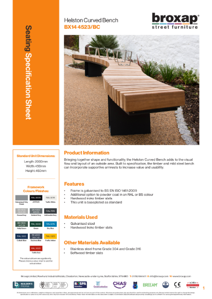 Helston Curved Bench Specification Sheet