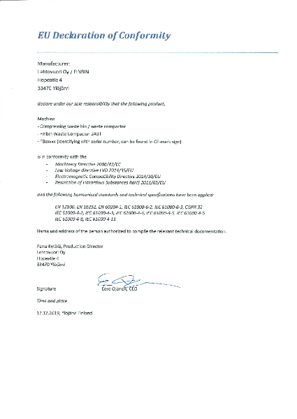 Lehtovuori Oy / FinBin -0 DoP Certificate of Conformity