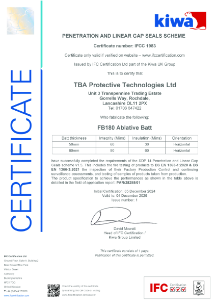 FB180 Ablative Batt Floor System Certificate number: IFCC 1983