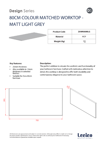 Zara 80 cm Width 18 mm Worktop - Matt Light Grey