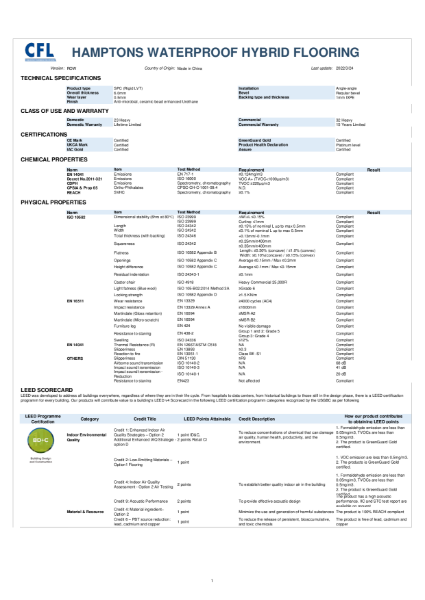 Hamptons Waterproof Hybrid Flooring Specification Sheet