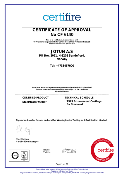 SteelMaster 900WF Certifire Certificate of approval