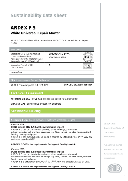 ARDEX F 5 Sustainability Data Sheet