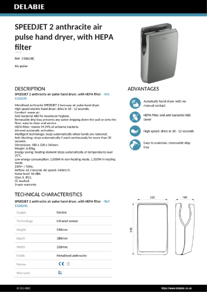 SPEEDJET 2 hand dryer - Metallised Anthracite Product Data Sheet