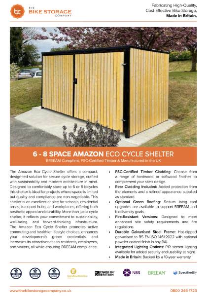 6-8 Space Amazon Eco Cycle Shelter Specification Sheet