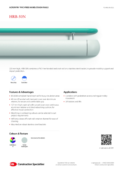 CS Acrovyn PVC-Free HRB-50N Hand/Crash Rail_Product Sheet (09.23)