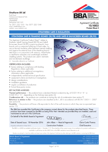 10/4803 Xtratherm Safe-R Framing Board (SR/FB) and Safe-R Rainscreen Board (SR/RS) (Product Sheet 4)