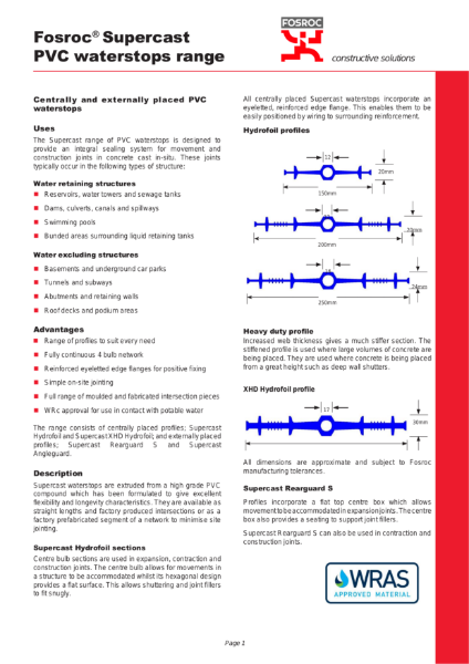 Fosroc Supercast PVC Waterstop range Product Data Sheet