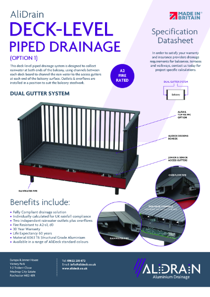 AliDrain Deck Level Piped Drainage Data Sheet