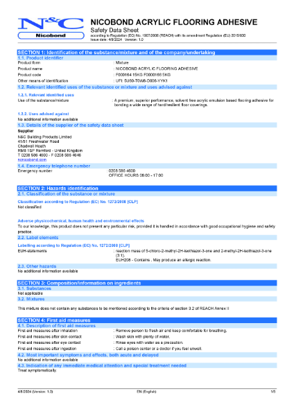 Nicobond Acrylic Flooring Adhesive Material Safety Data Sheet (MSDS)