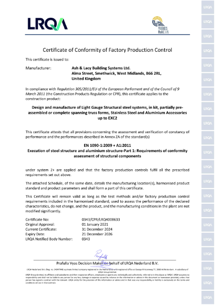 LRQA - Certificate No: 0343/CPR/LRQ4008633 01 - SFS/AshJack/AxiAL Brackets & Rails