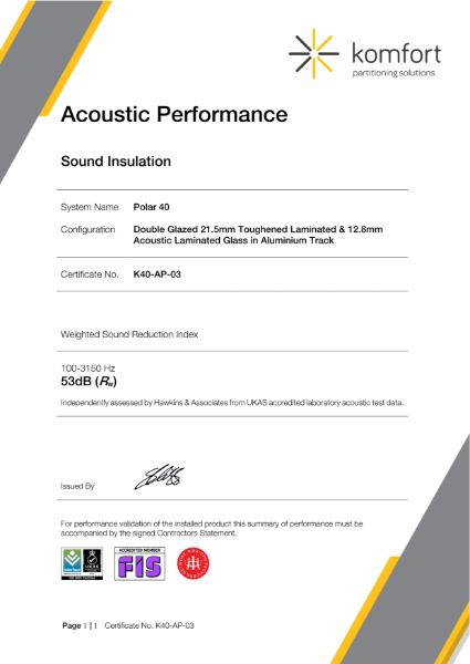 K40-AP-03 | Acoustic Performance | Polar 40 | 21.5mm Toughened Laminated & 12.8mm Acoustic Laminated | 53dB