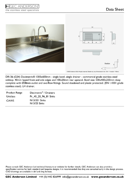 GEC Anderson Data Sheet - DR136 (G54)L Single Bowl With Drainer