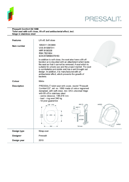 Technical data sheet for toilet seat