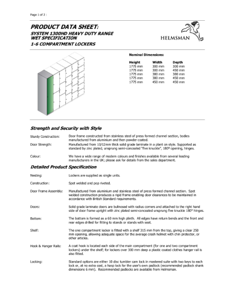 Product Data Sheet - Wet Specification Laminate Lockers