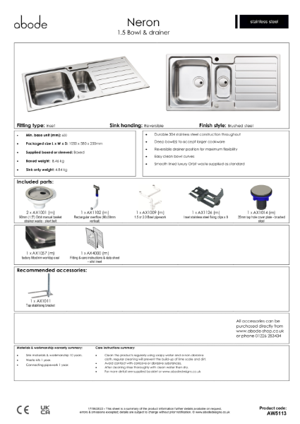 AW5113. Neron Stainless Steel Sink, Single Bowl & Drainer (Compact)  - Consumer Specification