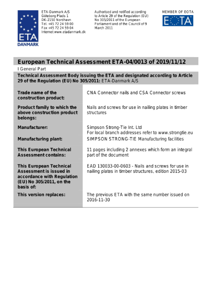 European Technical Assessment ETA-04/0013 of 2019/11/12
