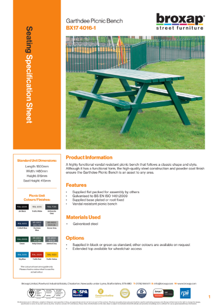 Garthdee Picnic Bench Specification Sheet