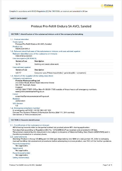 Safety Data Sheet - Proteus Pro-Felt® Endura SA AVCL