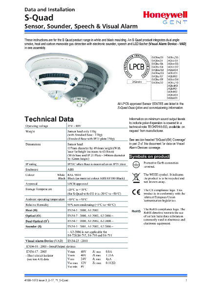Honeywell Gent S-Quad Sensor range with Sounders, Speech and VAD's Data and Installation instructions