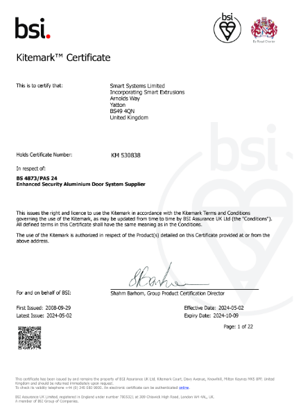 BS KITEMARK KM 530838 BS4873PAS 24 Enhance Security Aluminium Door System Supplier
British Standard Kitemark Certificate