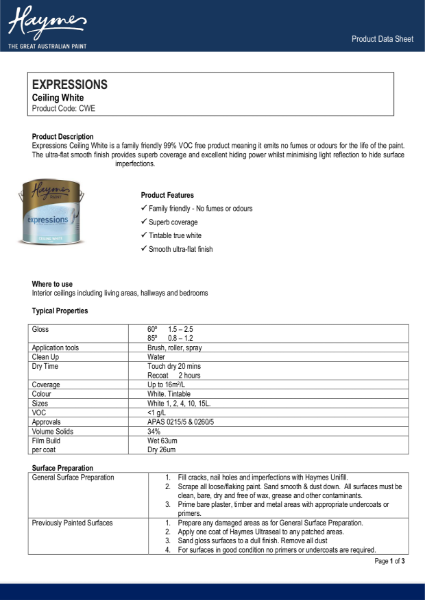 Expressions Low Sheen Acrylic Product data sheet