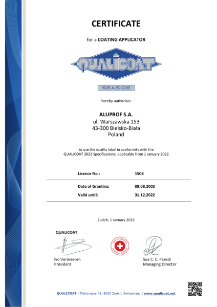 Aluprof Qualicoat Certificate 2022