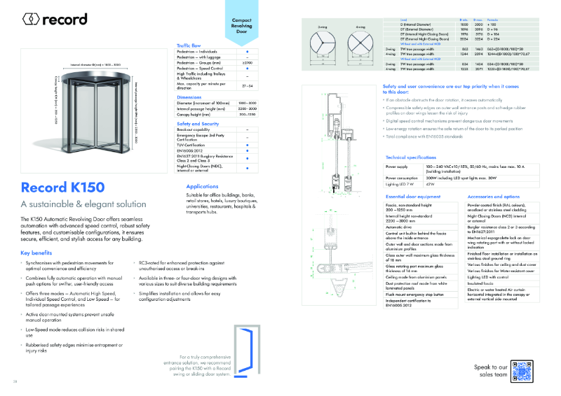 Record K150 Automatic Revolving Door - Product Data Sheet