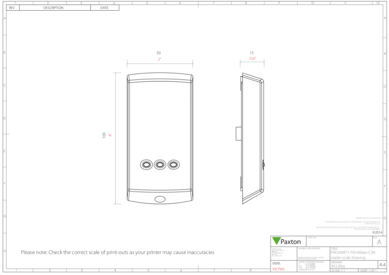 Net2 proximity MIFARE Reader, P50 - scale drawing