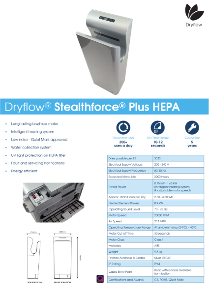 Hand Dryer Spec Sheet - Dryflow Stealthforce Plus with HEPA Hand Dryer